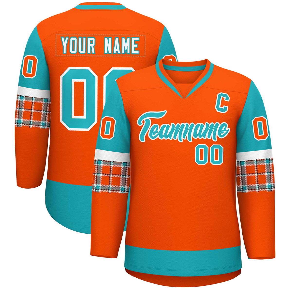 Custom Orange Aqua-White Personalized Raglan Sleeves V-Neck Hockey Jersey | KXKSHOP