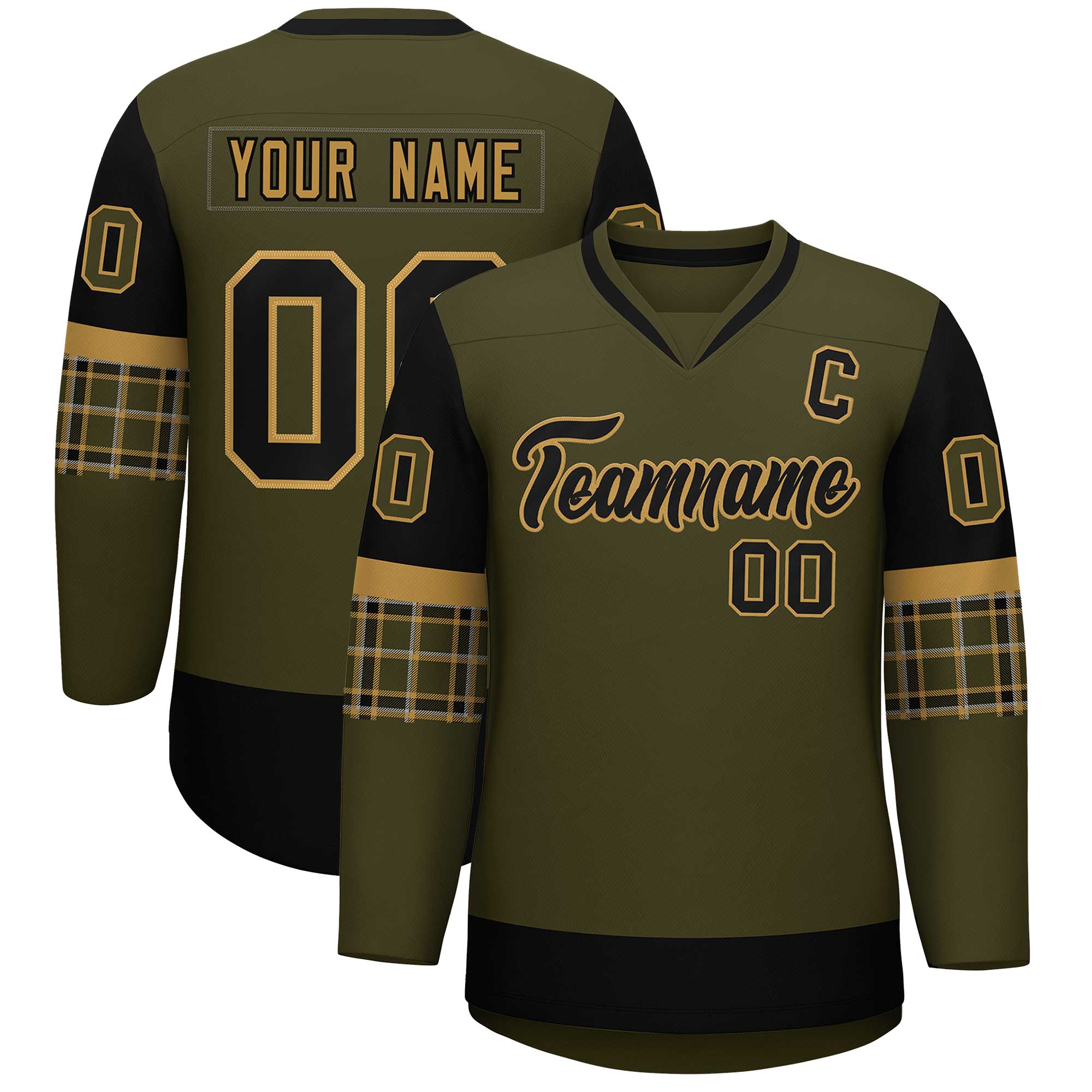 Custom Olive Black-Old Gold Personalized Raglan Sleeves V-Neck Hockey Jersey | KXKSHOP
