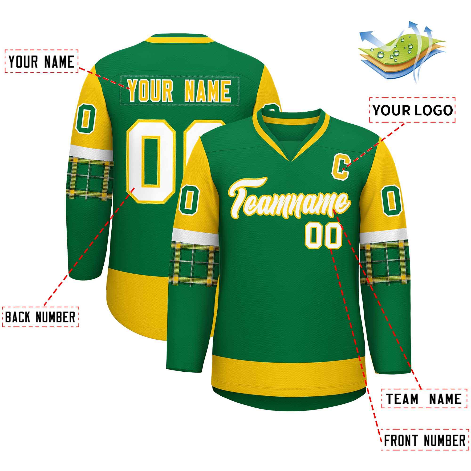 Custom Kelly Green Gold-White Personalized Raglan Sleeves V-Neck Hockey Jersey | KXKSHOP