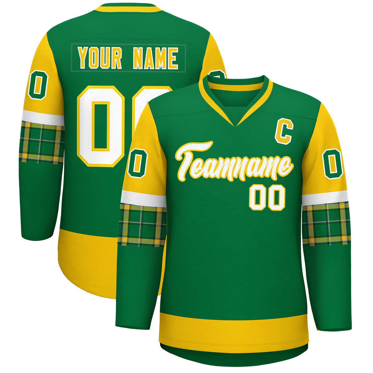 Custom Kelly Green Gold-White Personalized Raglan Sleeves V-Neck Hockey Jersey | KXKSHOP