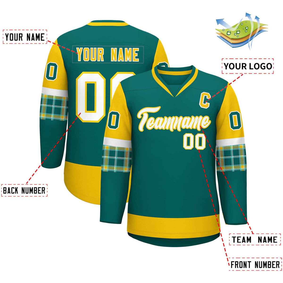 Custom Aqua Gold-White Personalized Raglan Sleeves V-Neck Hockey Jersey | KXKSHOP