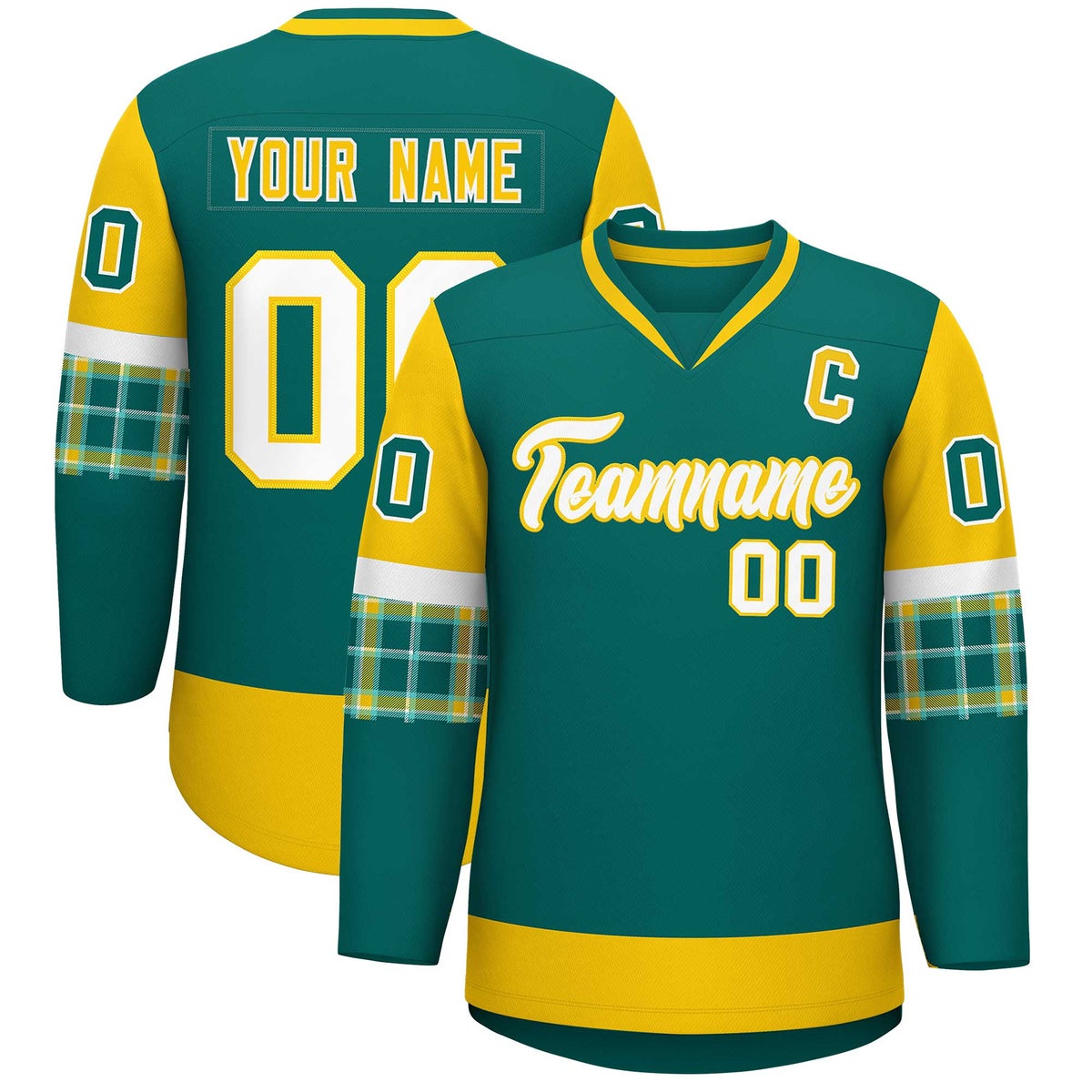 Custom Aqua Gold-White Personalized Raglan Sleeves V-Neck Hockey Jersey | KXKSHOP