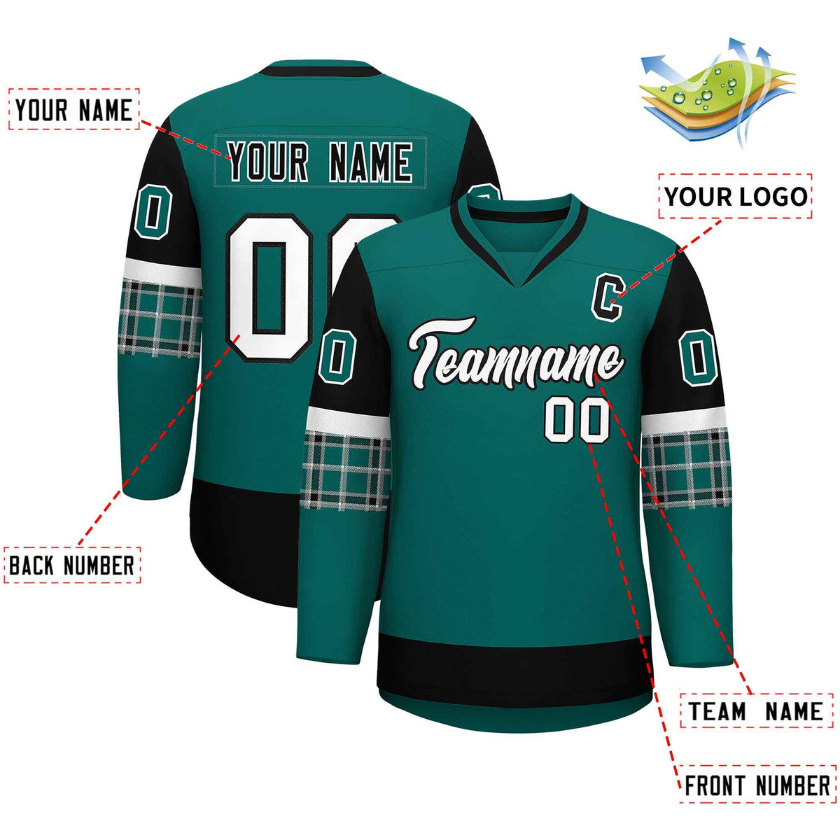 Custom Aqua Black-White Personalized Raglan Sleeves V-Neck Hockey Jersey | KXKSHOP