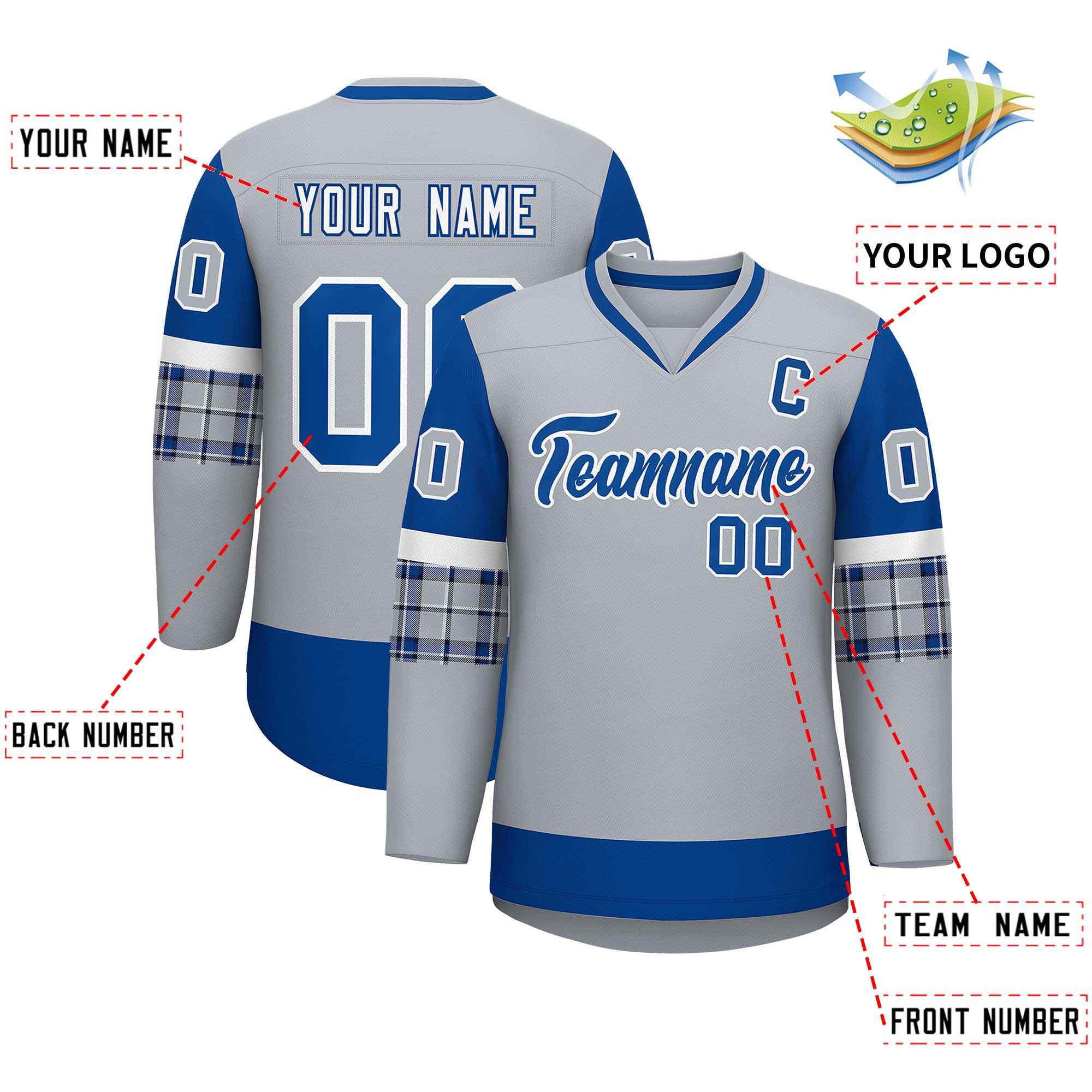 Custom Gray Royal-White Personalized Raglan Sleeves V-Neck Hockey Jersey | KXKSHOP