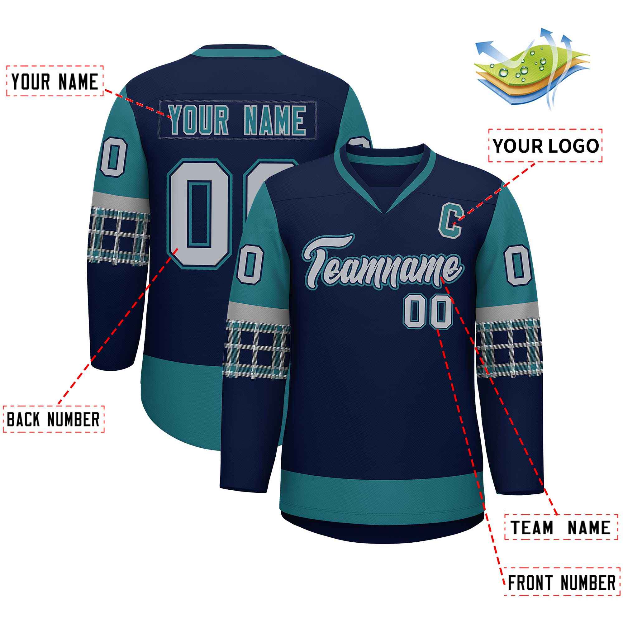 Custom Navy Aqua-Gray Personalized Raglan Sleeves V-Neck Hockey Jersey | KXKSHOP