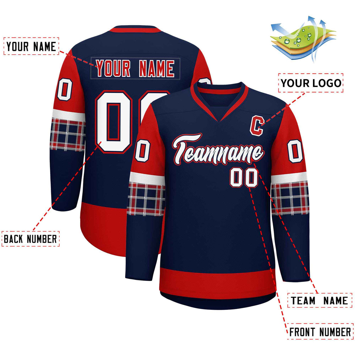 Custom Navy Red-White Personalized Raglan Sleeves V-Neck Hockey Jersey | KXKSHOP