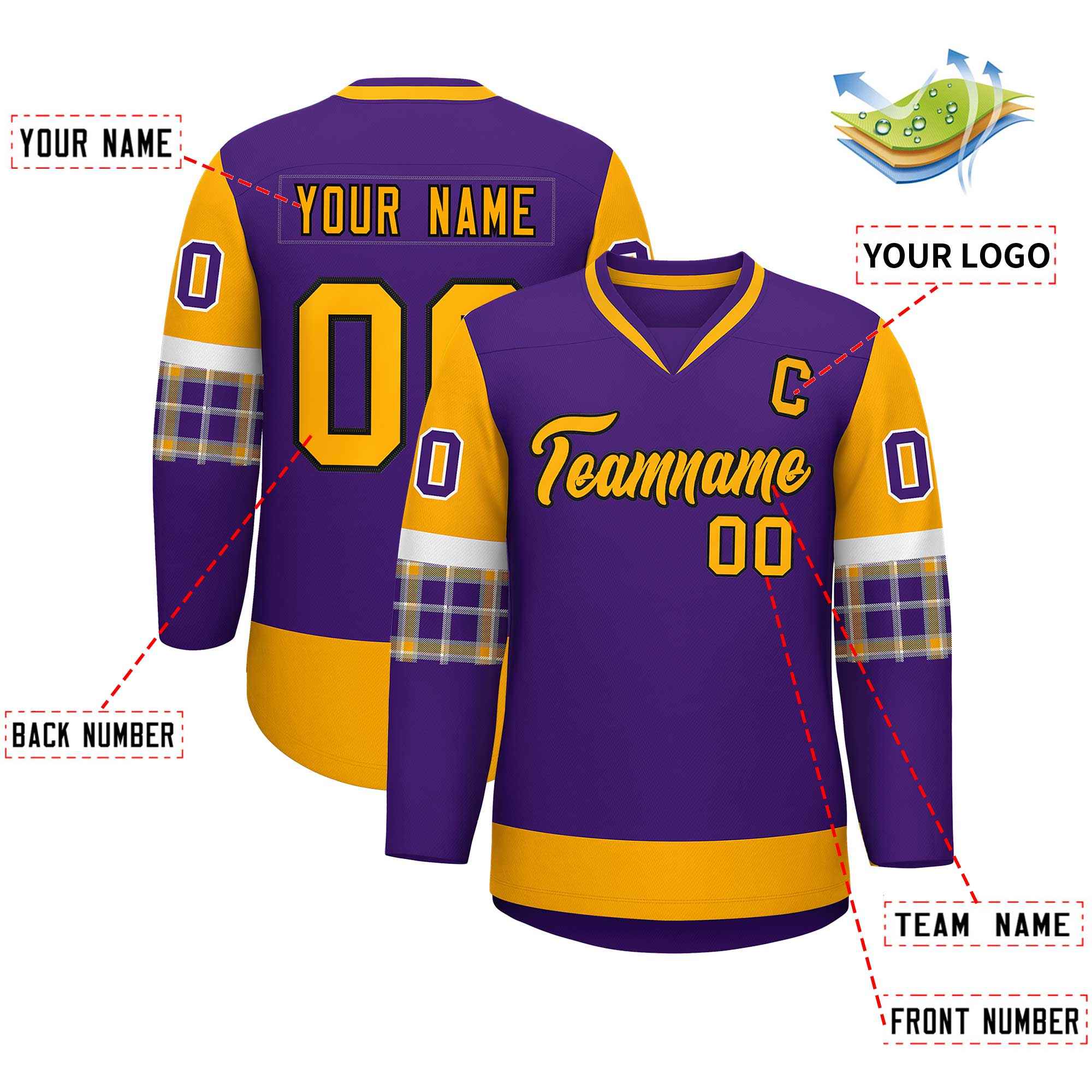 Custom Purple Yellow-White Personalized Raglan Sleeves V-Neck Hockey Jersey | KXKSHOP