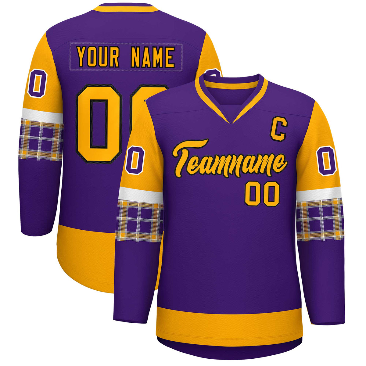 Custom Purple Yellow-White Personalized Raglan Sleeves V-Neck Hockey Jersey | KXKSHOP