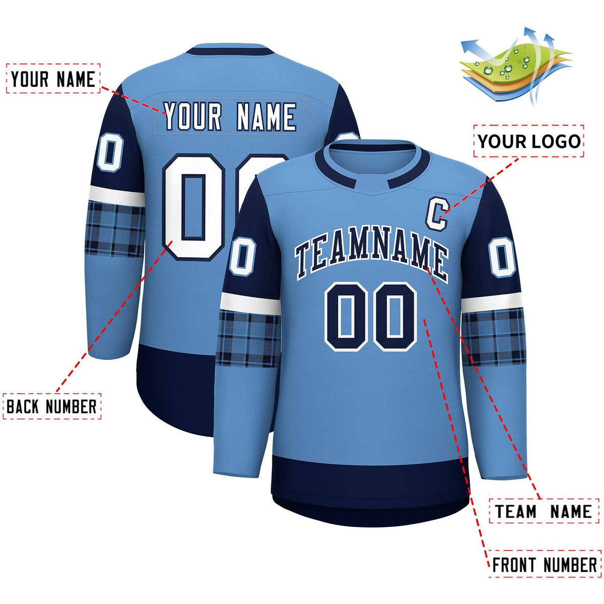 Custom Light Blue Navy Personalized Raglan Sleeves Round-Neck Hockey Jersey | KXKSHOP
