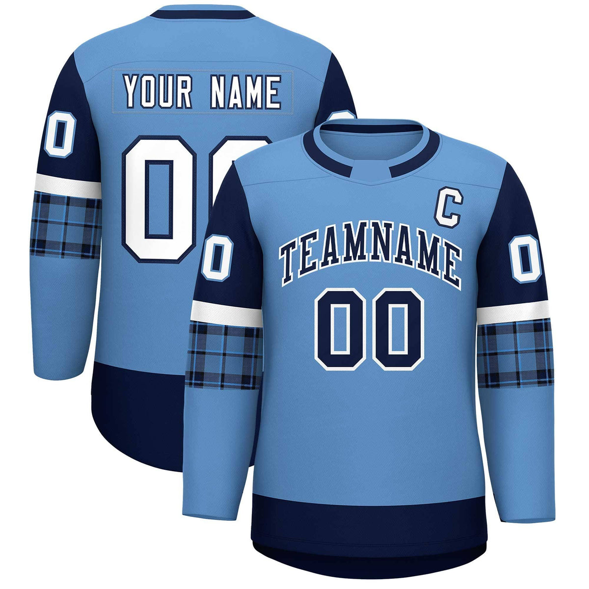 Custom Light Blue Navy Personalized Raglan Sleeves Round-Neck Hockey Jersey | KXKSHOP