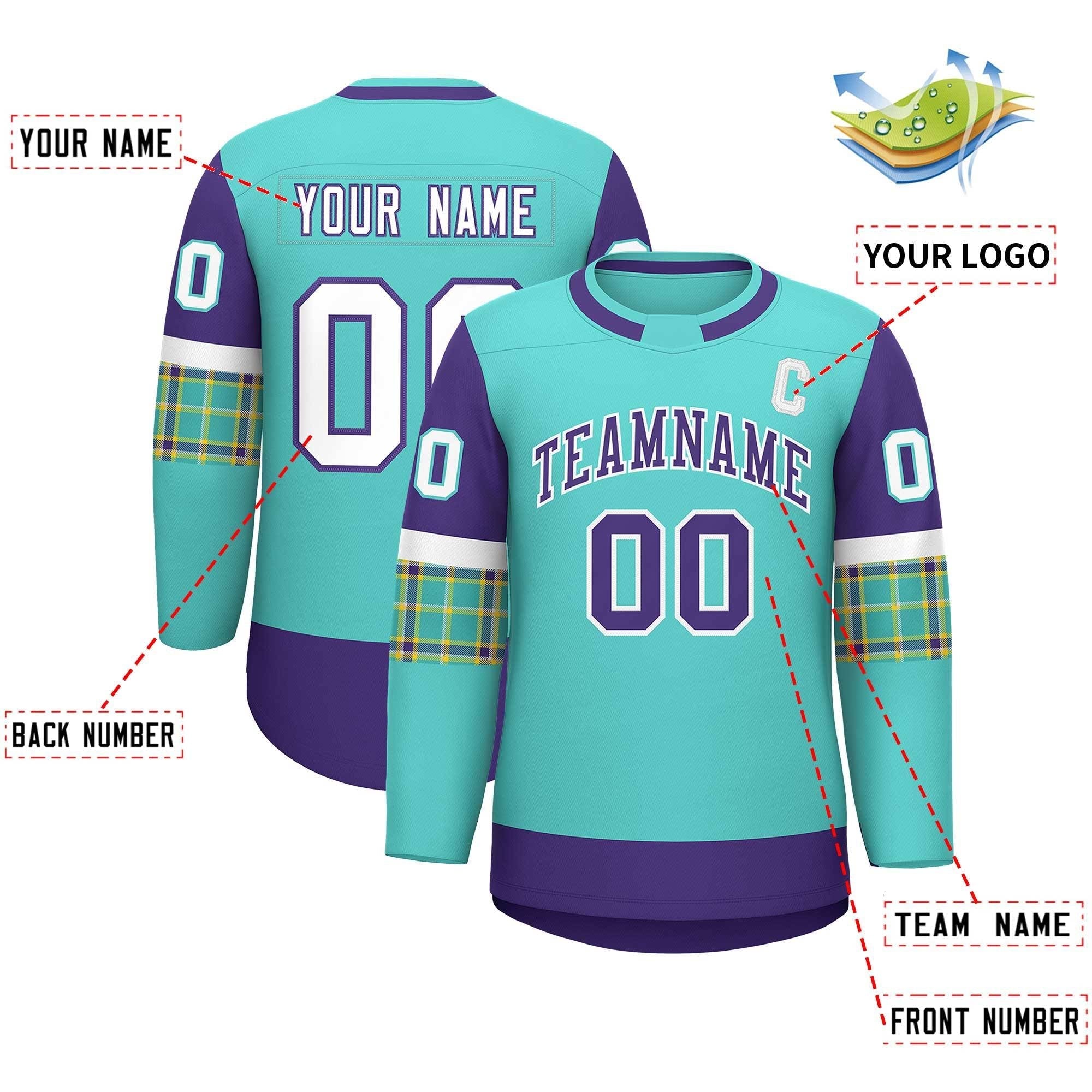 Custom Bright Green Purple Personalized Raglan Sleeves Round-Neck Hockey Jersey | KXKSHOP