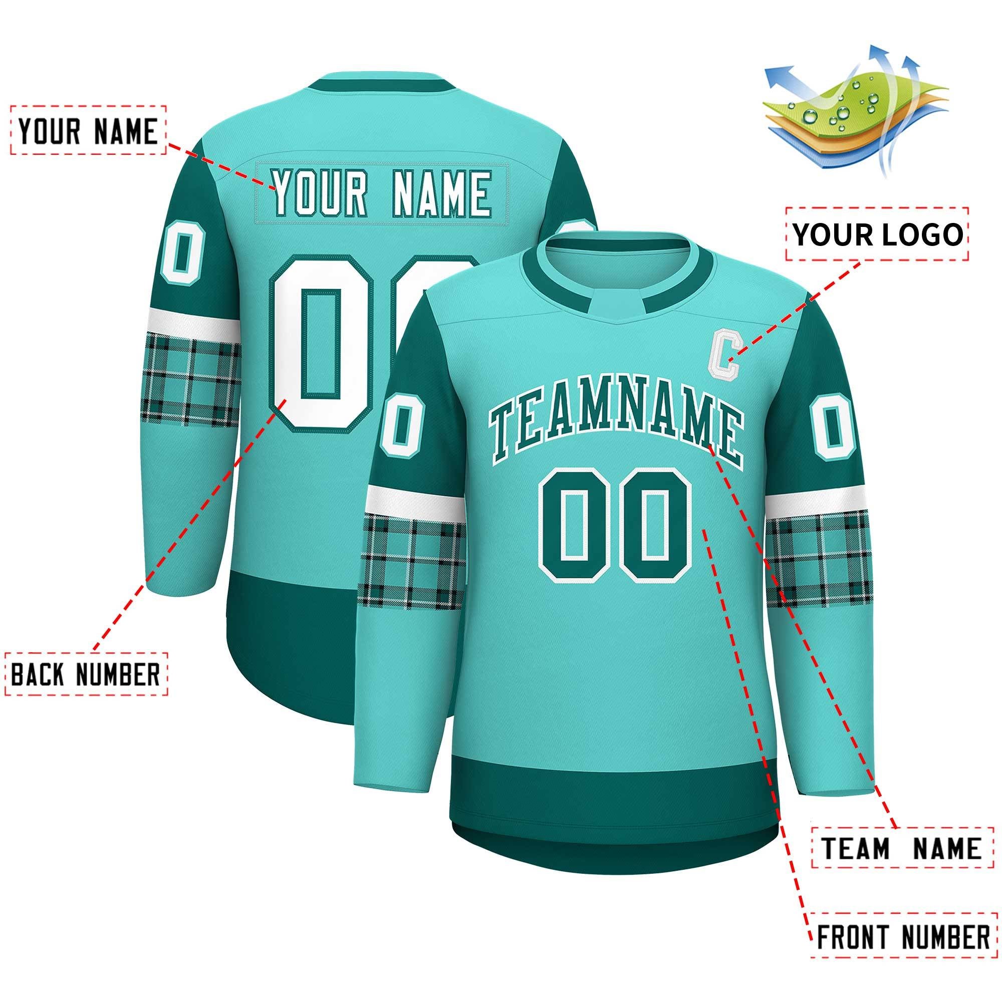 Custom Bright Green Aqua Personalized Raglan Sleeves Round-Neck Hockey Jersey | KXKSHOP