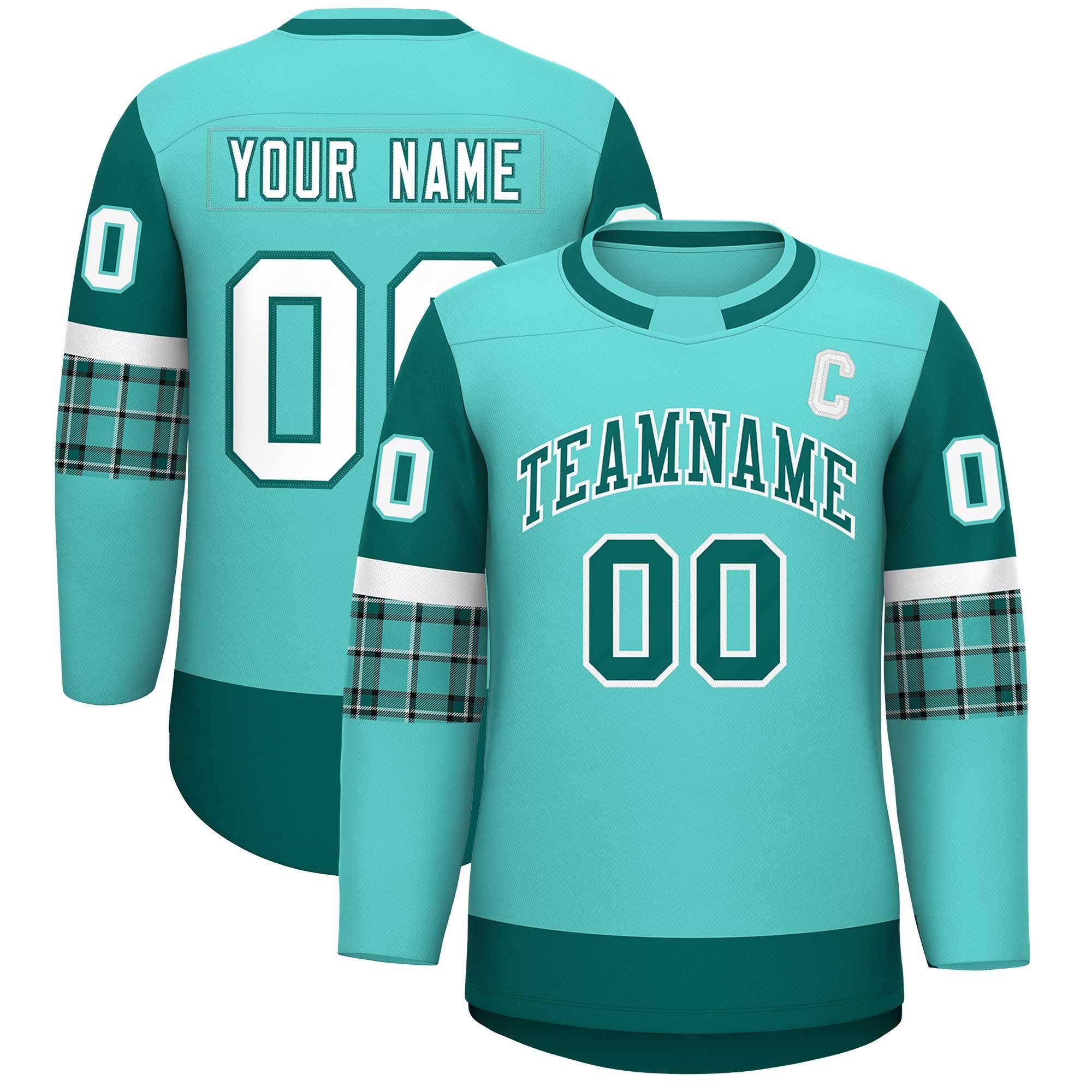 Custom Bright Green Aqua Personalized Raglan Sleeves Round-Neck Hockey Jersey | KXKSHOP