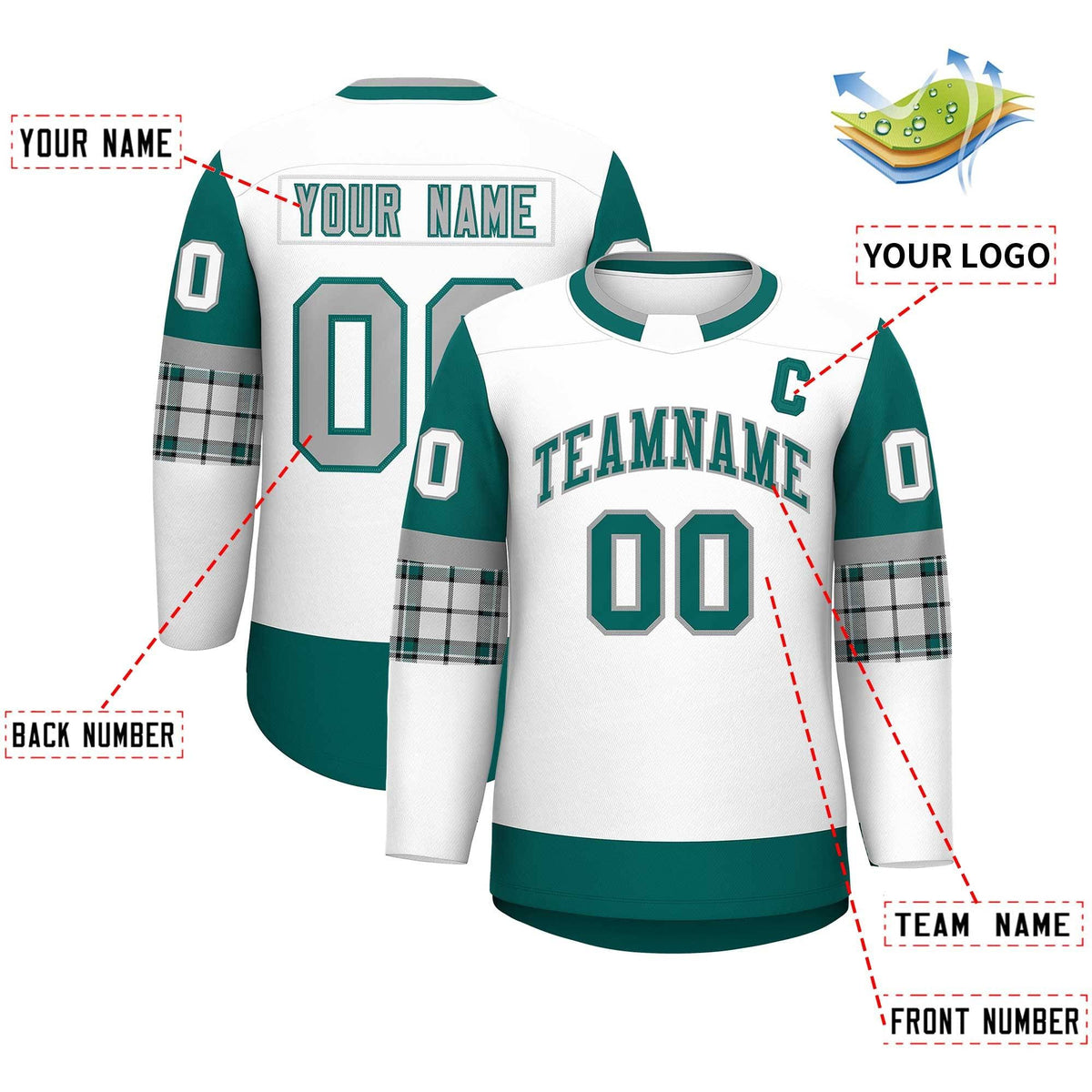 Custom White Aqua Personalized Raglan Sleeves Round-Neck Hockey Jersey | KXKSHOP