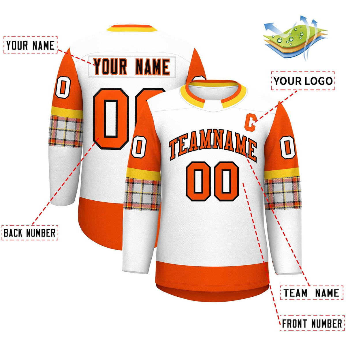 Custom White Orange Personalized Raglan Sleeves Round-Neck Hockey Jersey | KXKSHOP