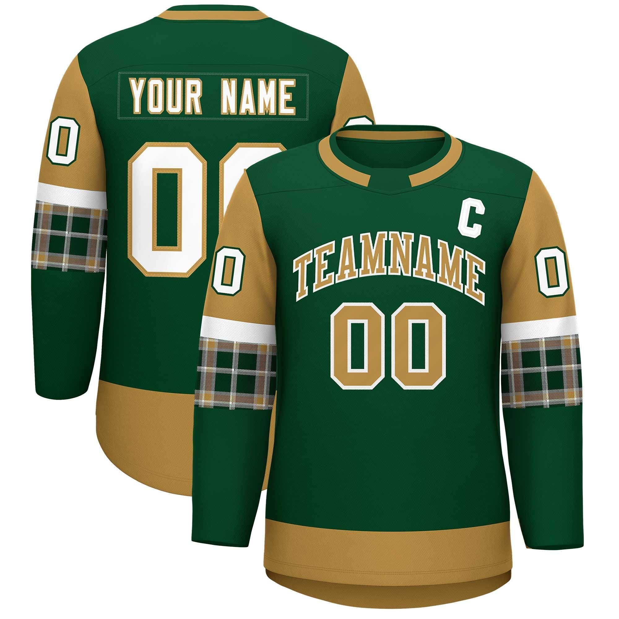 Custom Green Old Gold Personalized Raglan Sleeves Round-Neck Hockey Jersey | KXKSHOP