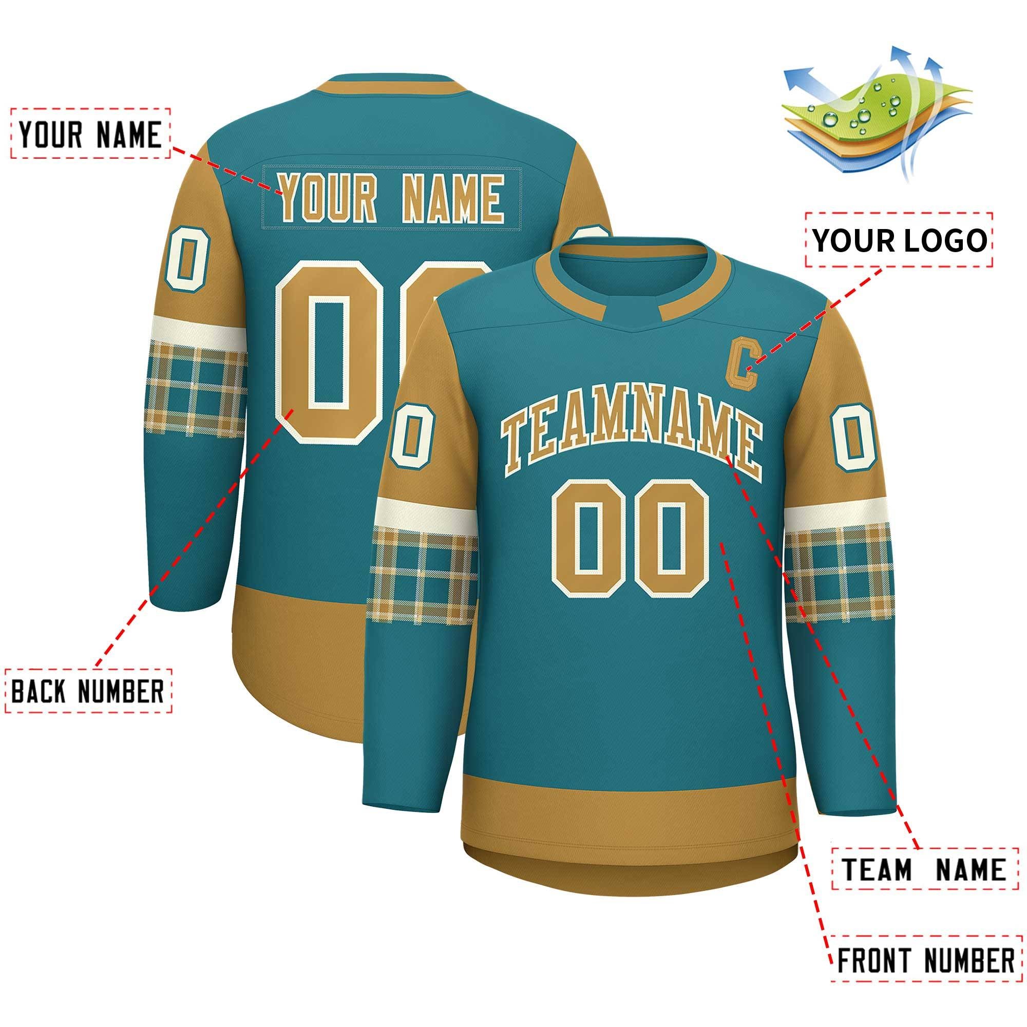 Custom Aqua Old Gold Personalized Raglan Sleeves Round-Neck Hockey Jersey | KXKSHOP