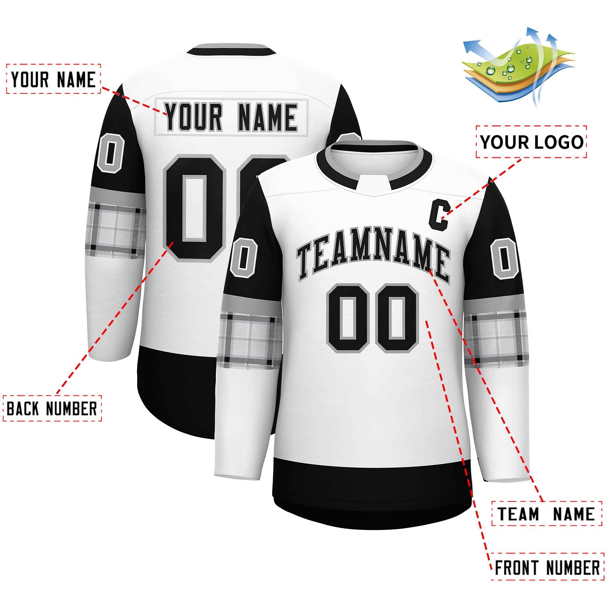 Custom White Black Personalized Raglan Sleeves Round-Neck Hockey Jersey | KXKSHOP