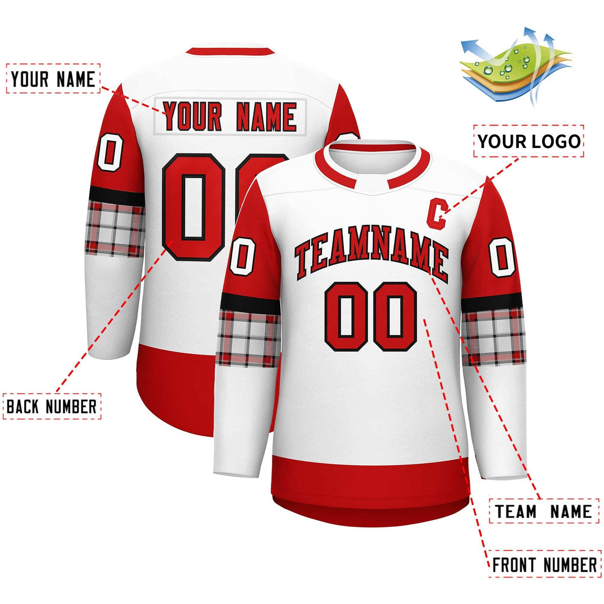 Custom White Red Personalized Raglan Sleeves Round-Neck Hockey Jersey | KXKSHOP