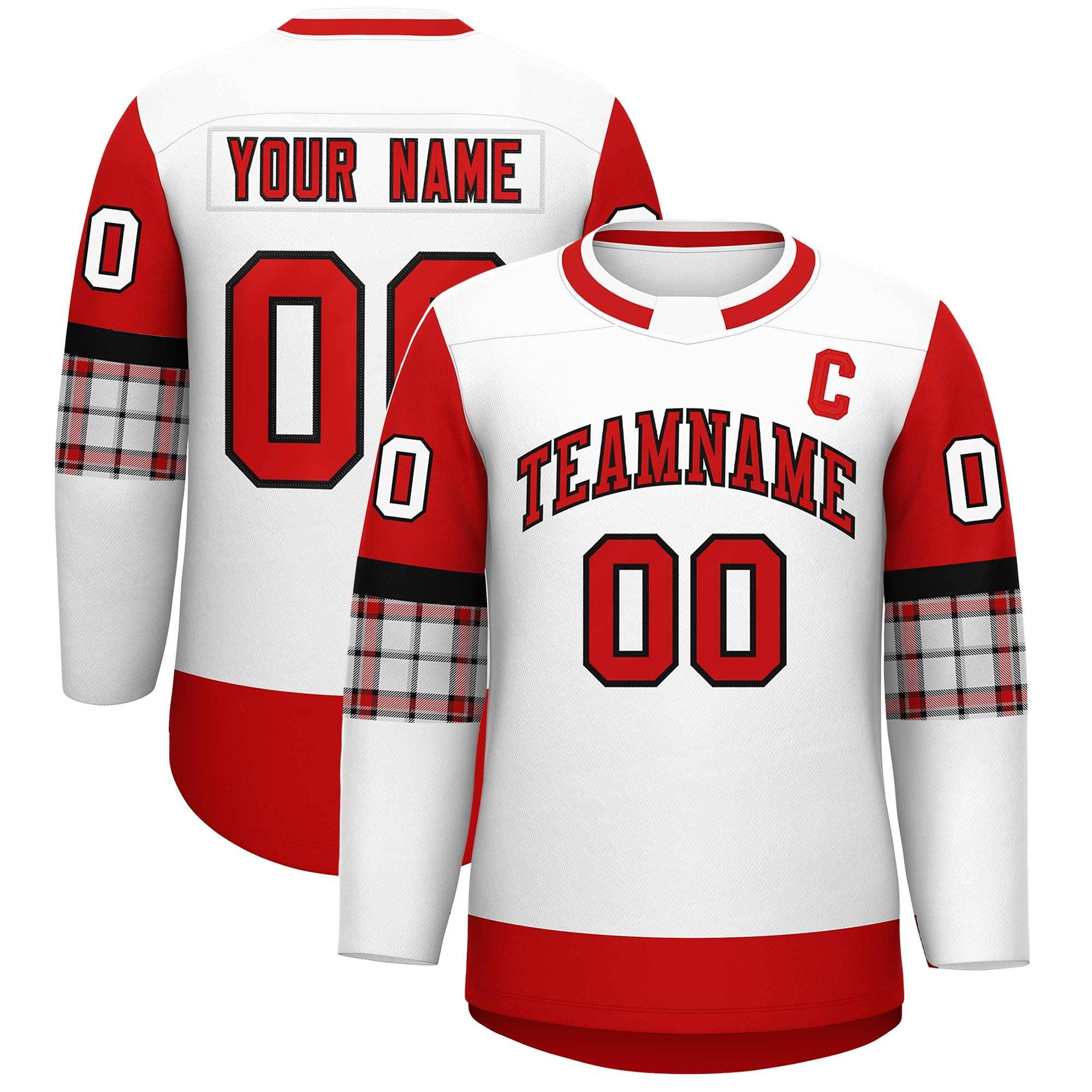 Custom White Red Personalized Raglan Sleeves Round-Neck Hockey Jersey | KXKSHOP