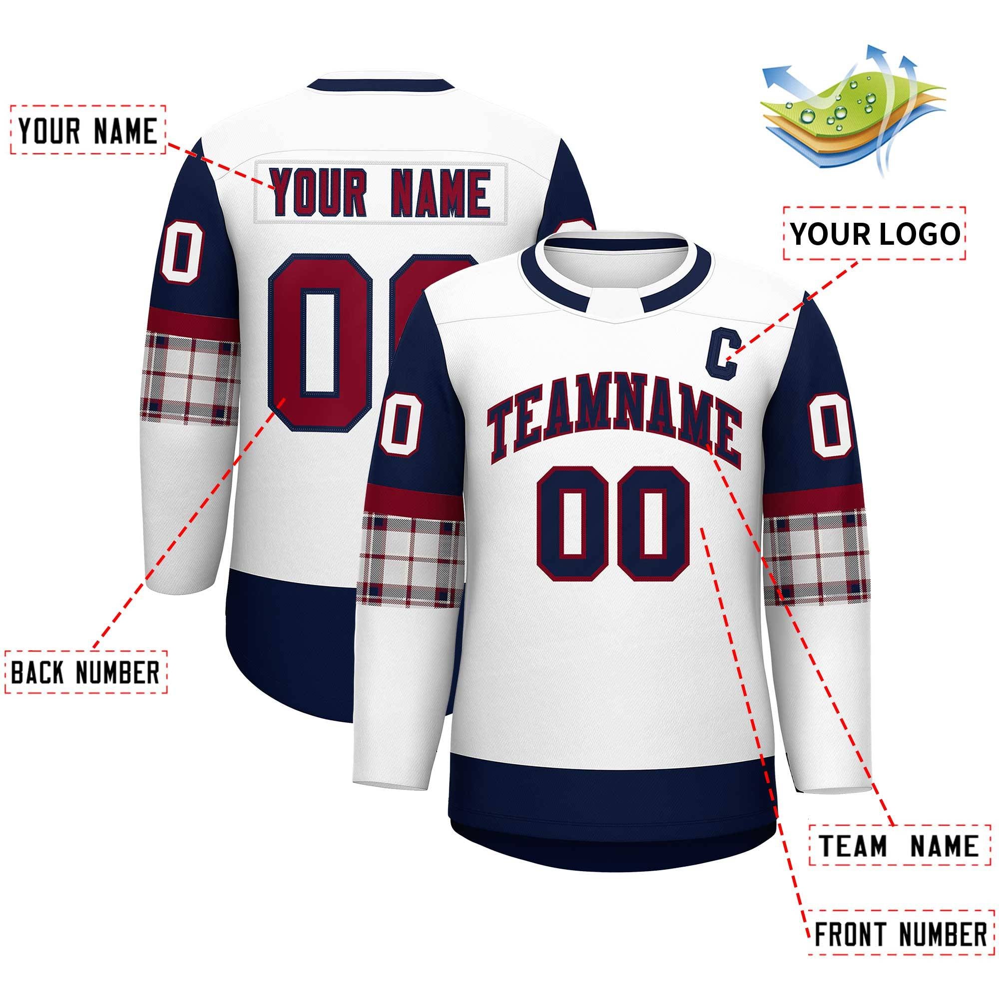 Custom White Navy Personalized Raglan Sleeves Round-Neck Hockey Jersey | KXKSHOP