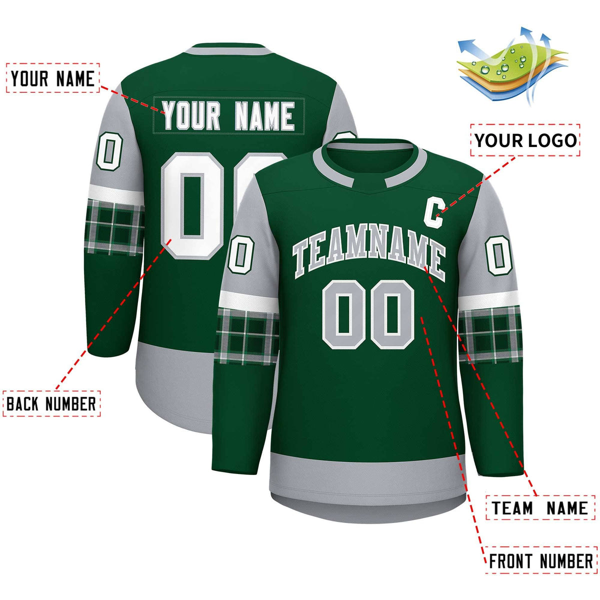 Custom Green Gray Personalized Raglan Sleeves Round-Neck Hockey Jersey | KXKSHOP