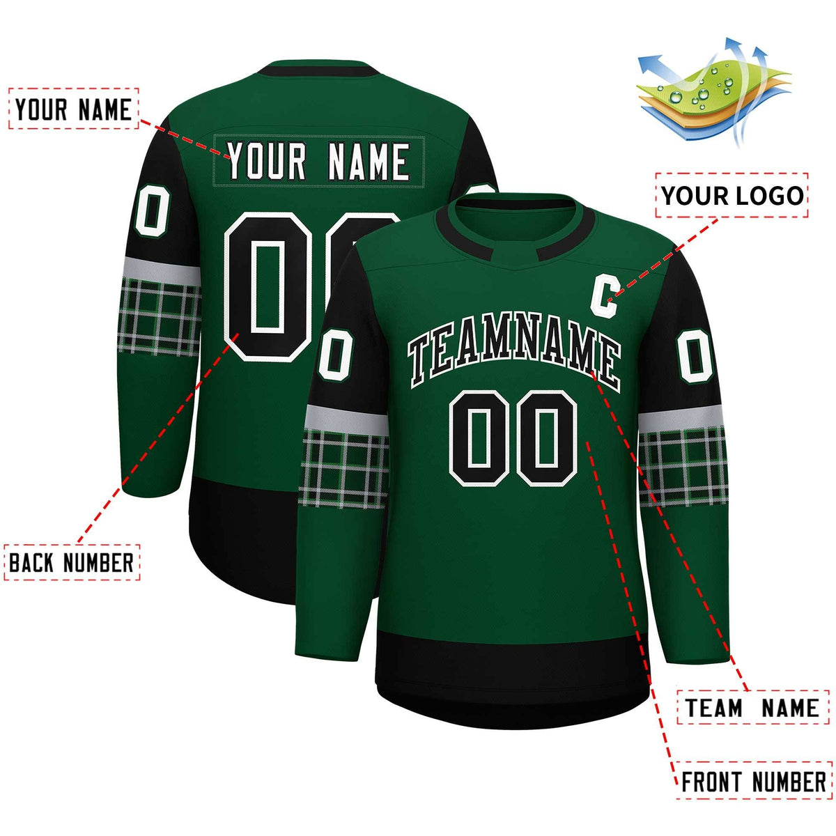 Custom Green Black Personalized Raglan Sleeves Round-Neck Hockey Jersey | KXKSHOP