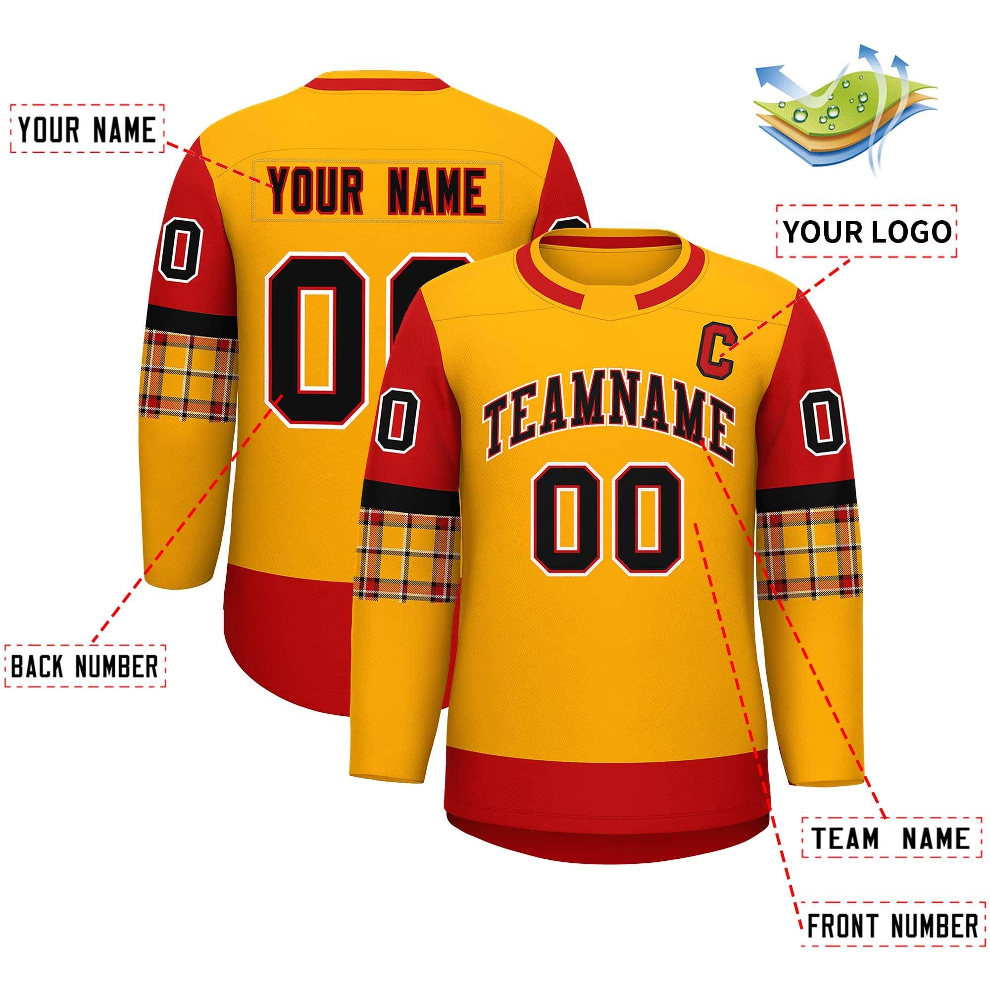Custom Yellow Red Personalized Raglan Sleeves Round-Neck Hockey Jersey | KXKSHOP