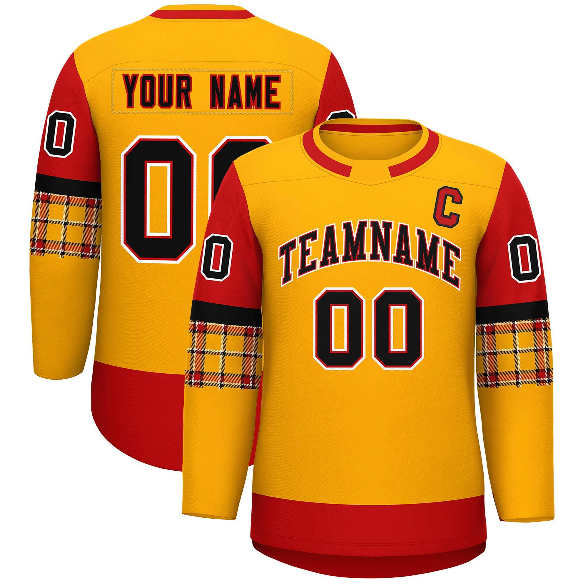 Custom Yellow Red Personalized Raglan Sleeves Round-Neck Hockey Jersey | KXKSHOP