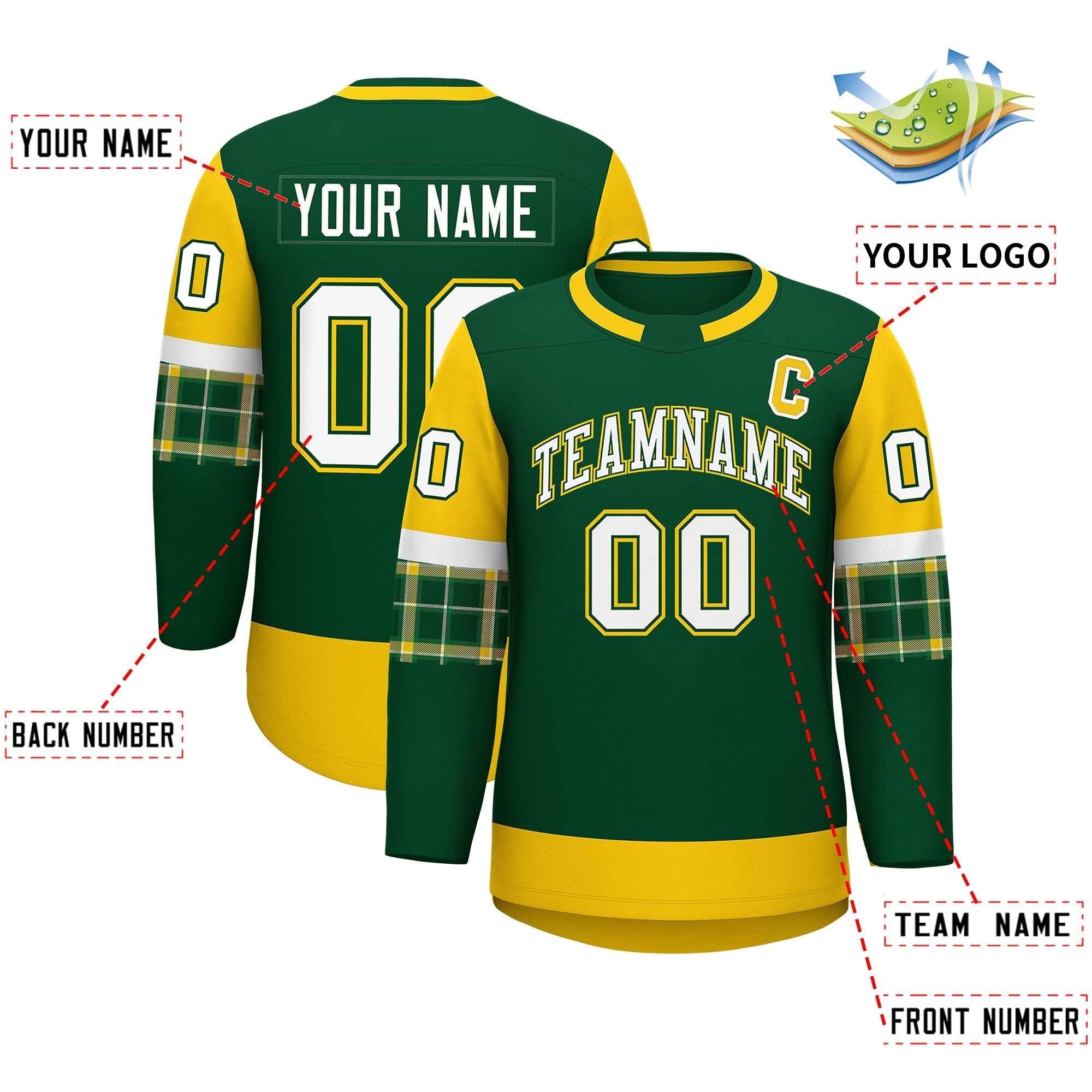 Custom Green Gold Personalized Raglan Sleeves Round-Neck Hockey Jersey | KXKSHOP