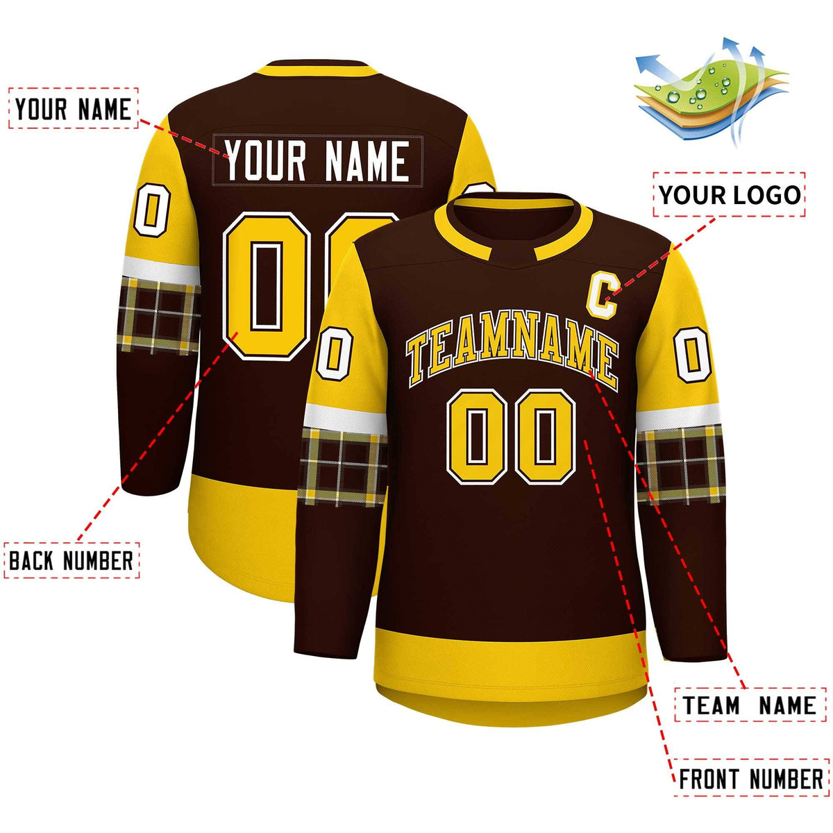 Custom Brown Gold Personalized Raglan Sleeves Round-Neck Hockey Jersey | KXKSHOP