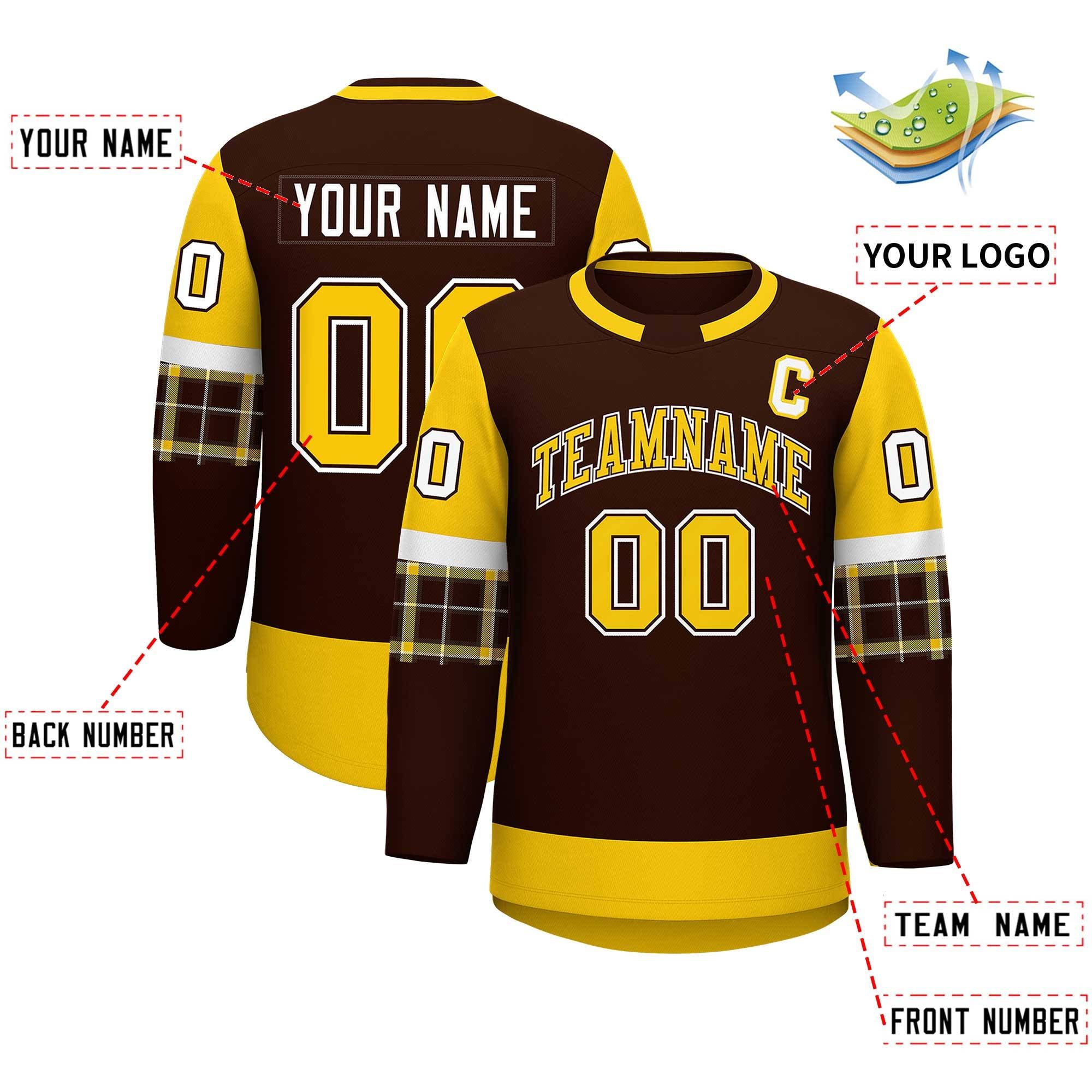 Custom Brown Gold Personalized Raglan Sleeves Round-Neck Hockey Jersey | KXKSHOP
