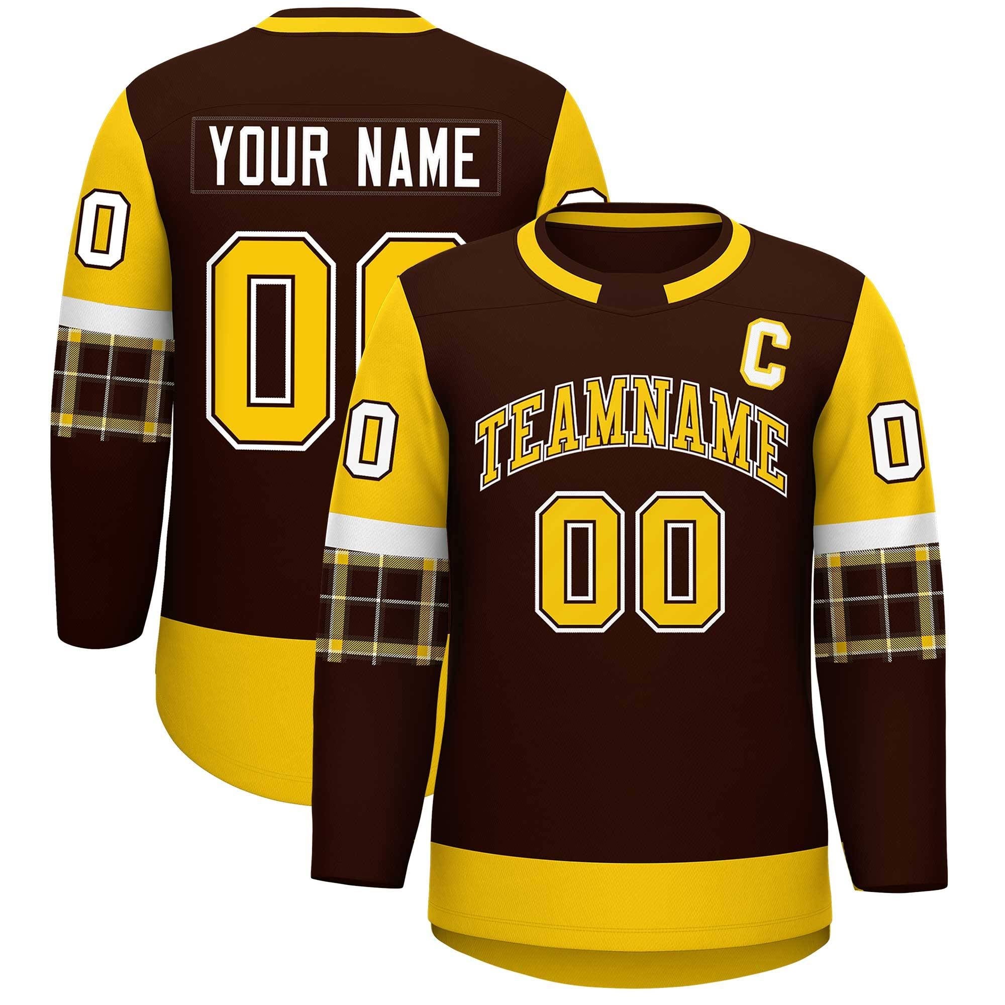 Custom Brown Gold Personalized Raglan Sleeves Round-Neck Hockey Jersey | KXKSHOP