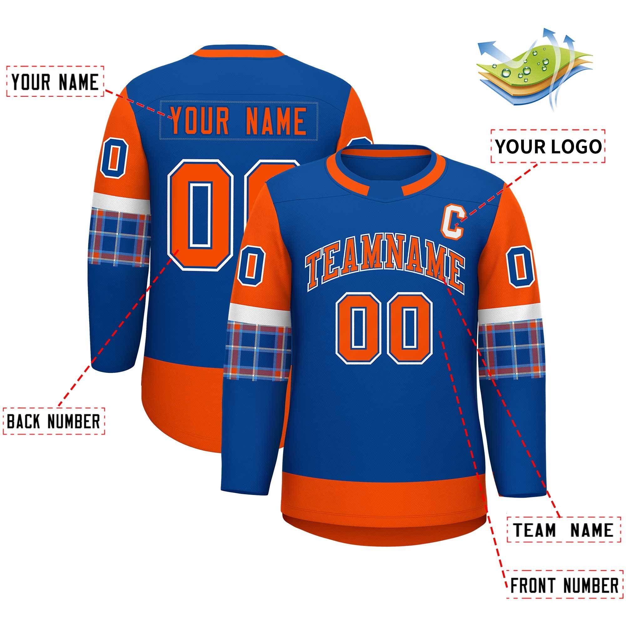 Custom Royal Orange Personalized Raglan Sleeves Round-Neck Hockey Jersey | KXKSHOP