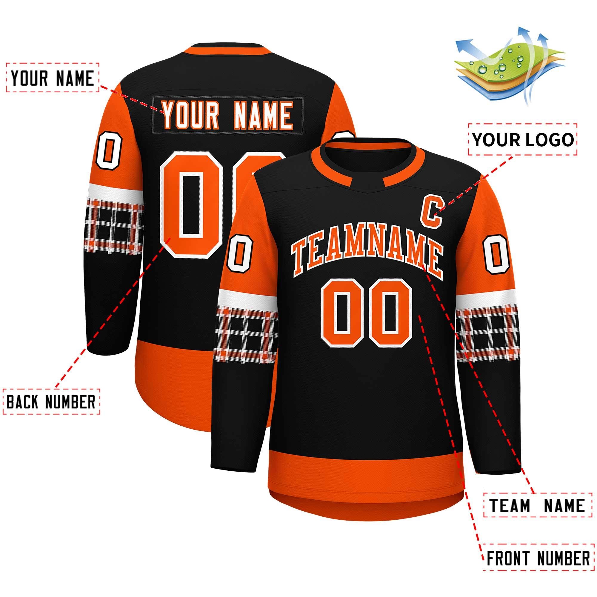 Custom Black Orange Personalized Raglan Sleeves Round-Neck Hockey Jersey | KXKSHOP
