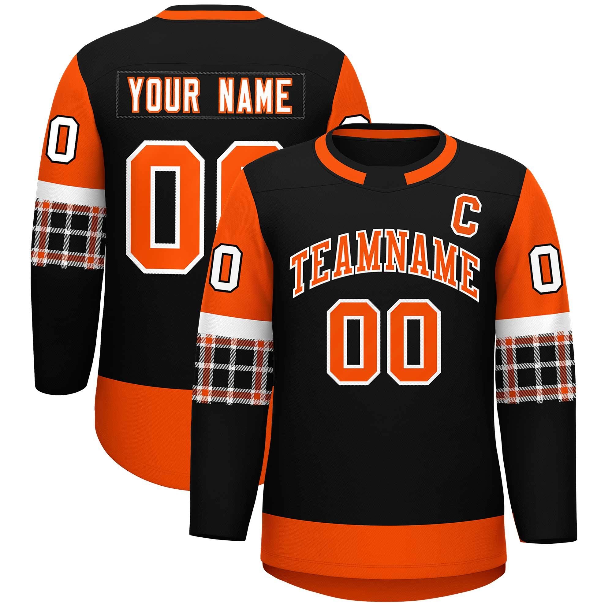 Custom Black Orange Personalized Raglan Sleeves Round-Neck Hockey Jersey | KXKSHOP