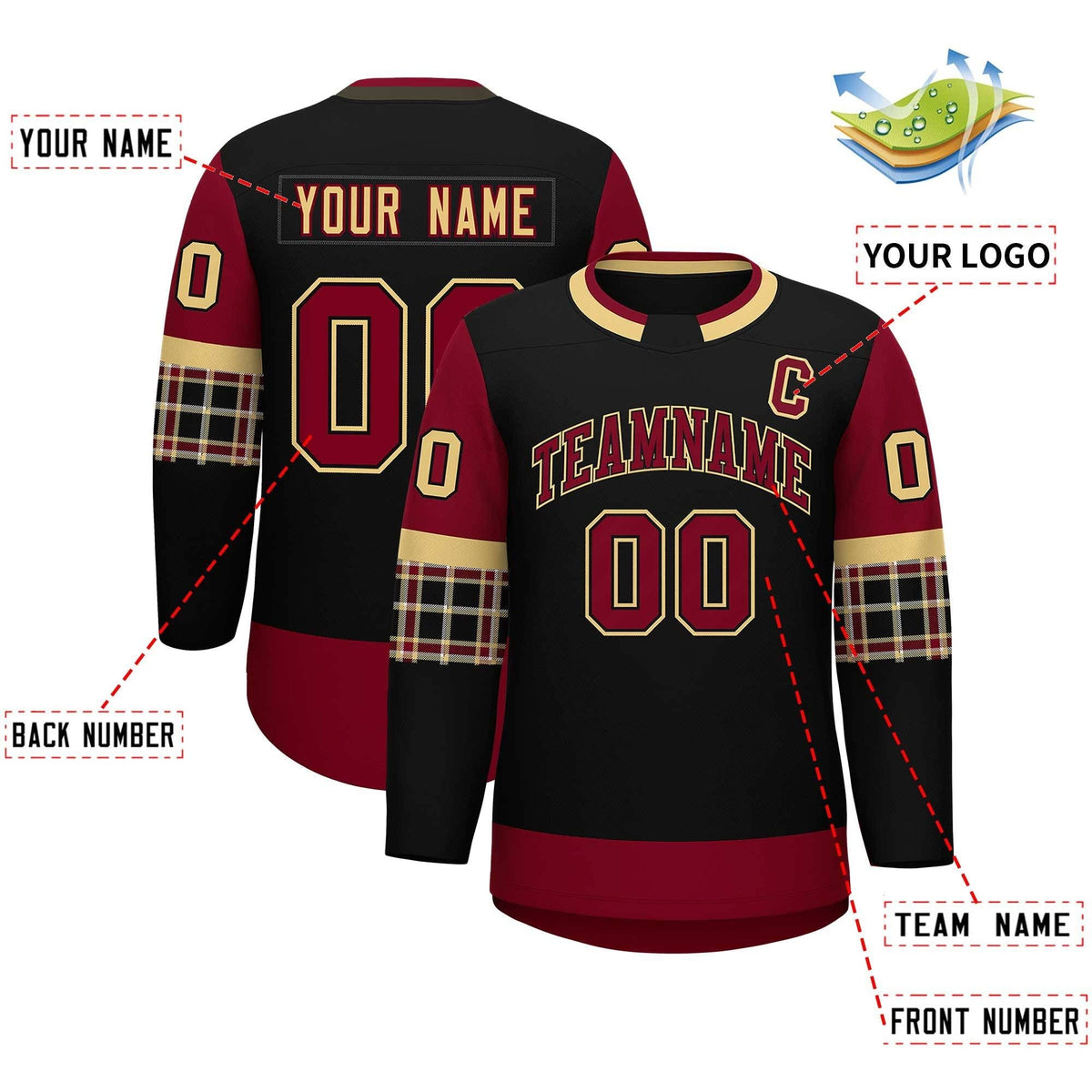 Custom Black Crimson Personalized Raglan Sleeves Round-Neck Hockey Jersey | KXKSHOP