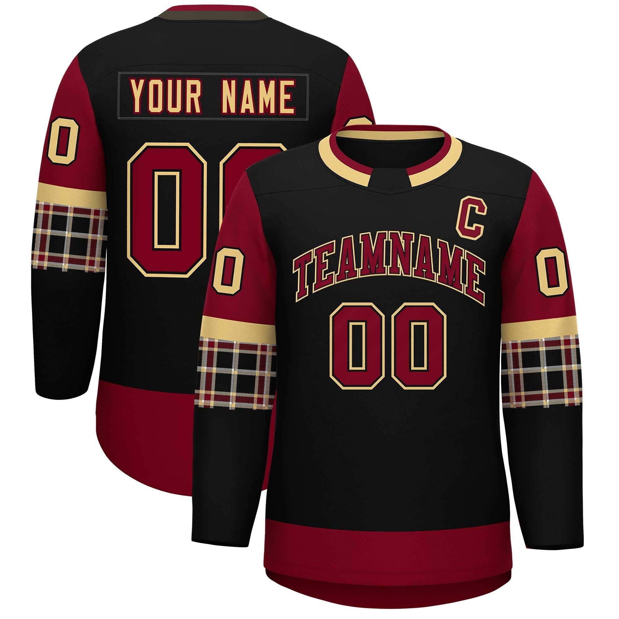 Custom Black Crimson Personalized Raglan Sleeves Round-Neck Hockey Jersey | KXKSHOP