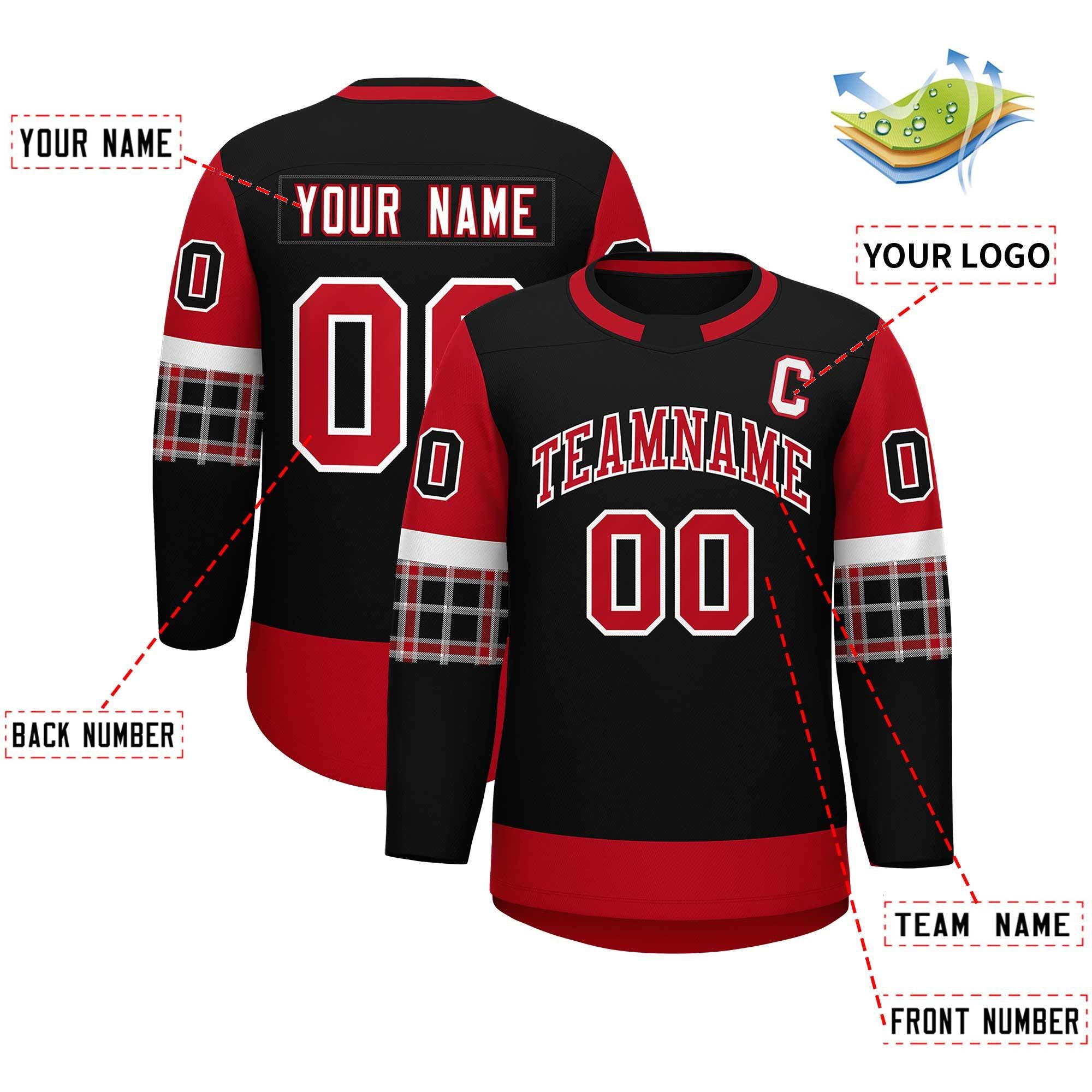 Custom Black Red Personalized Raglan Sleeves Round-Neck Hockey Jersey | KXKSHOP