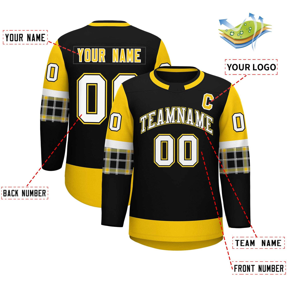 Custom Black Gold Personalized Raglan Sleeves Round-Neck Hockey Jersey | KXKSHOP