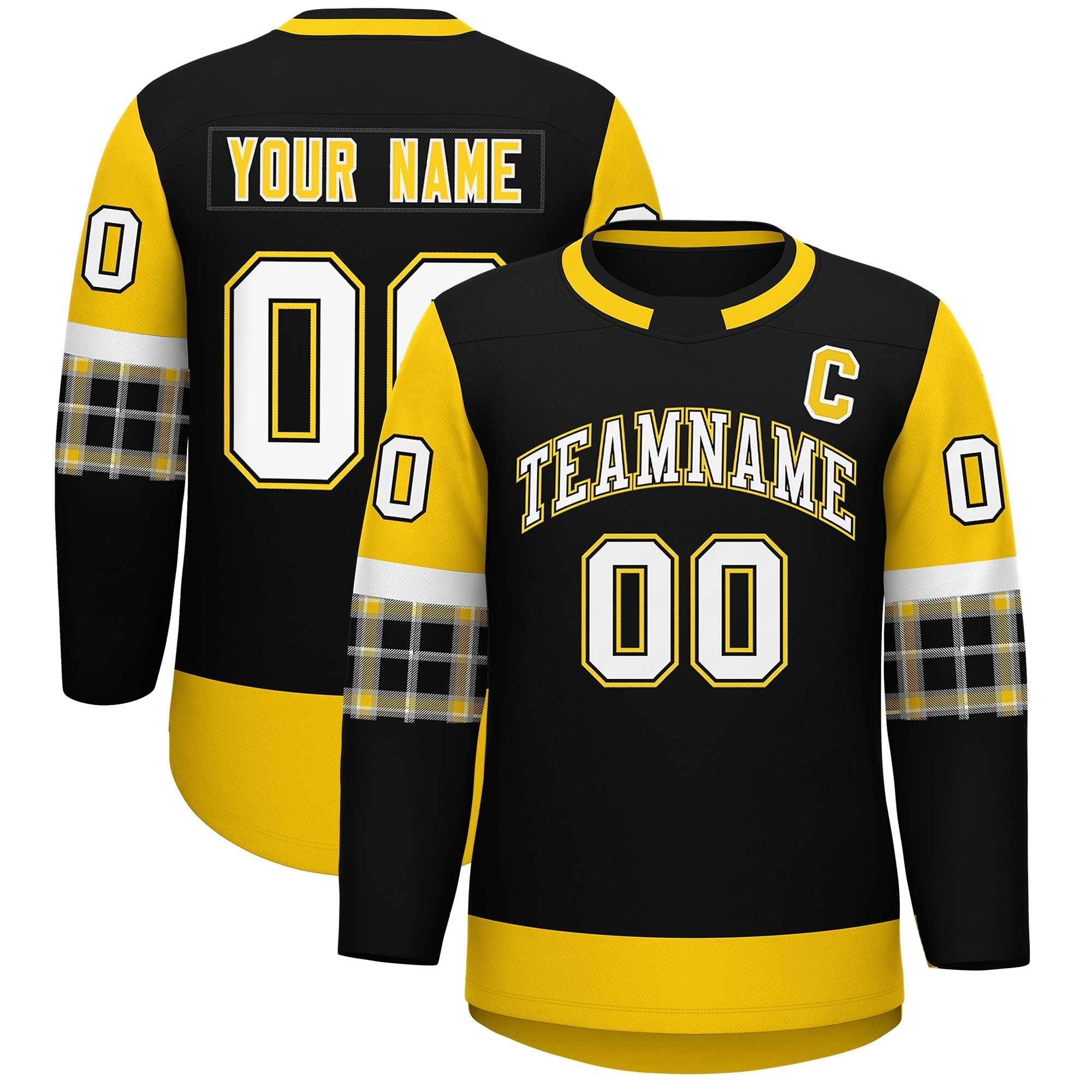 Custom Black Gold Personalized Raglan Sleeves Round-Neck Hockey Jersey | KXKSHOP