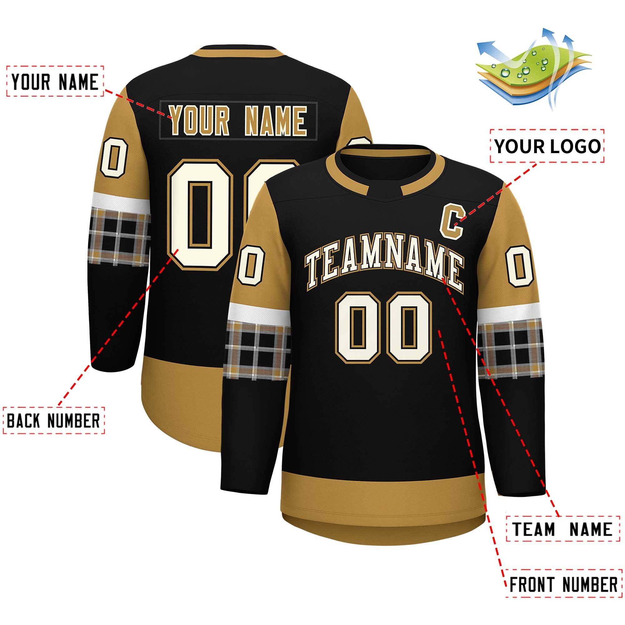 Custom Black Old Gold Personalized Raglan Sleeves Round-Neck Hockey Jersey | KXKSHOP