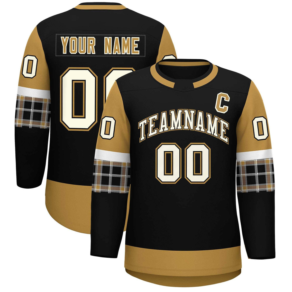Custom Black Old Gold Personalized Raglan Sleeves Round-Neck Hockey Jersey | KXKSHOP
