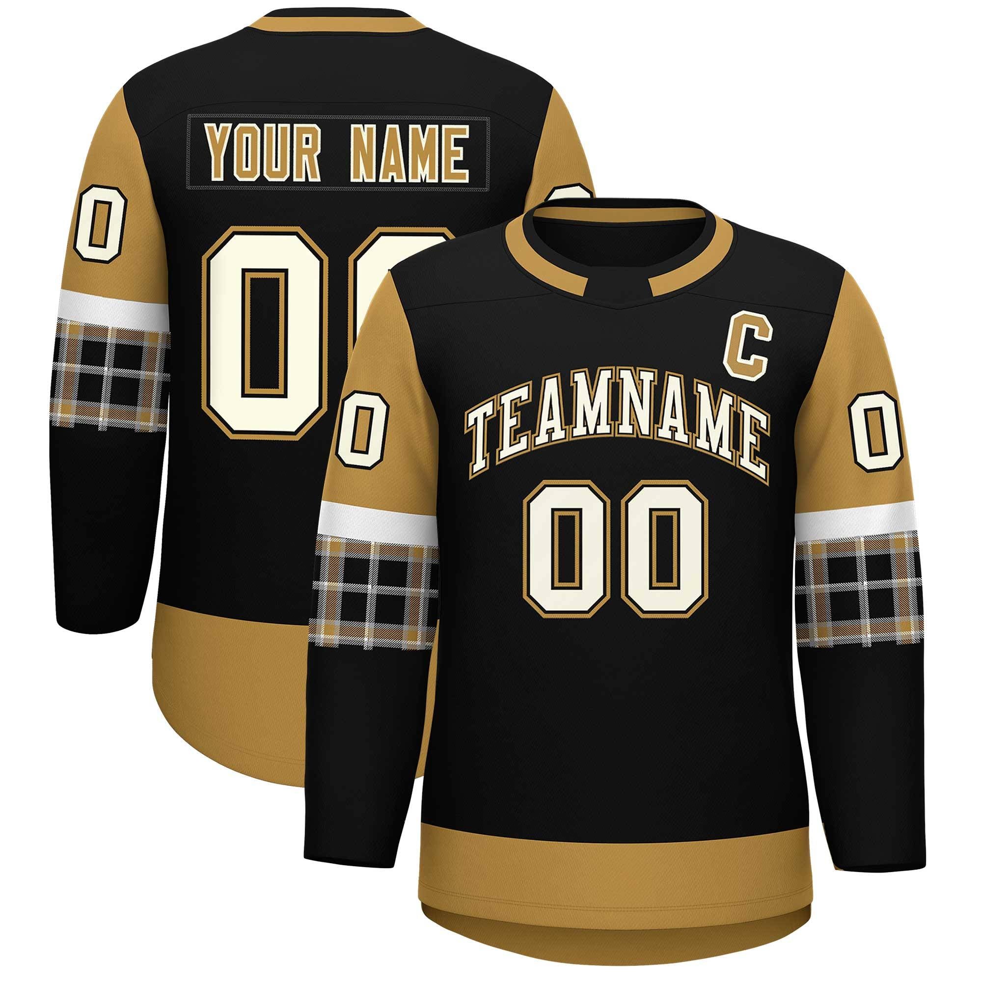 Custom Black Old Gold Personalized Raglan Sleeves Round-Neck Hockey Jersey | KXKSHOP