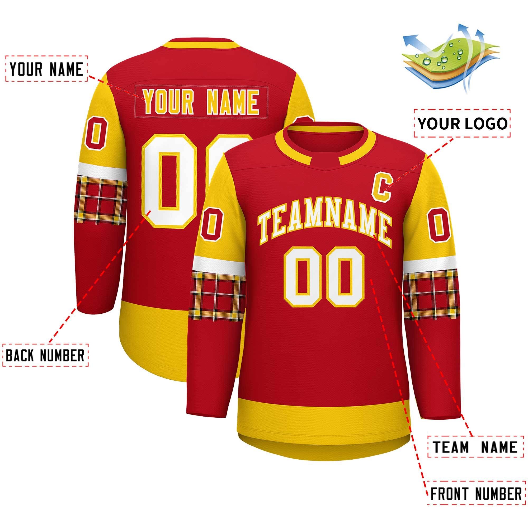 Custom Red Gold Personalized Raglan Sleeves Round-Neck Hockey Jersey | KXKSHOP