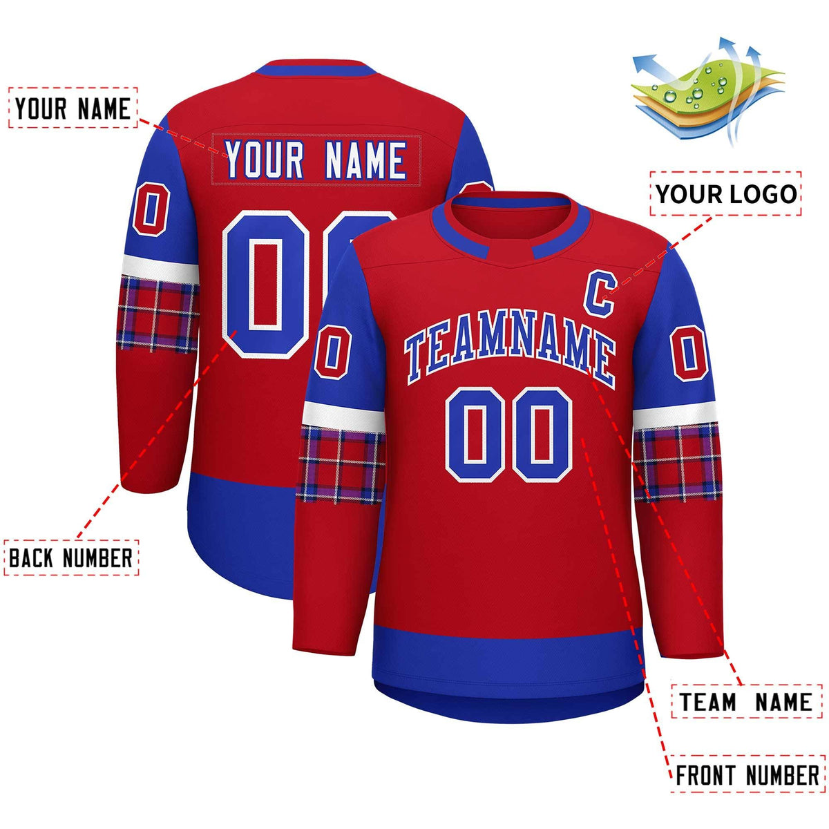 Custom Red Royal Personalized Raglan Sleeves Round-Neck Hockey Jersey | KXKSHOP