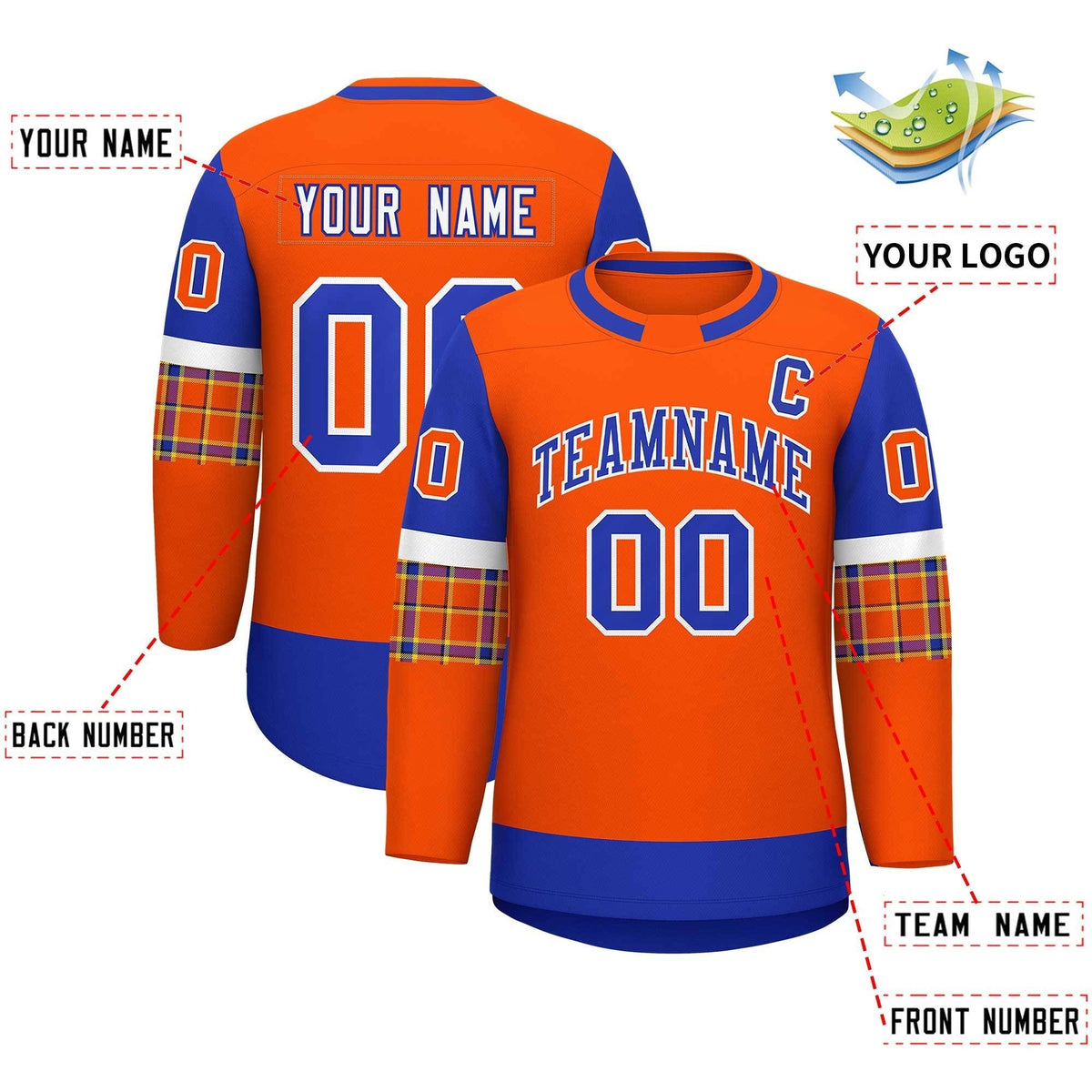 Custom Orange Royal Personalized Raglan Sleeves Round-Neck Hockey Jersey | KXKSHOP