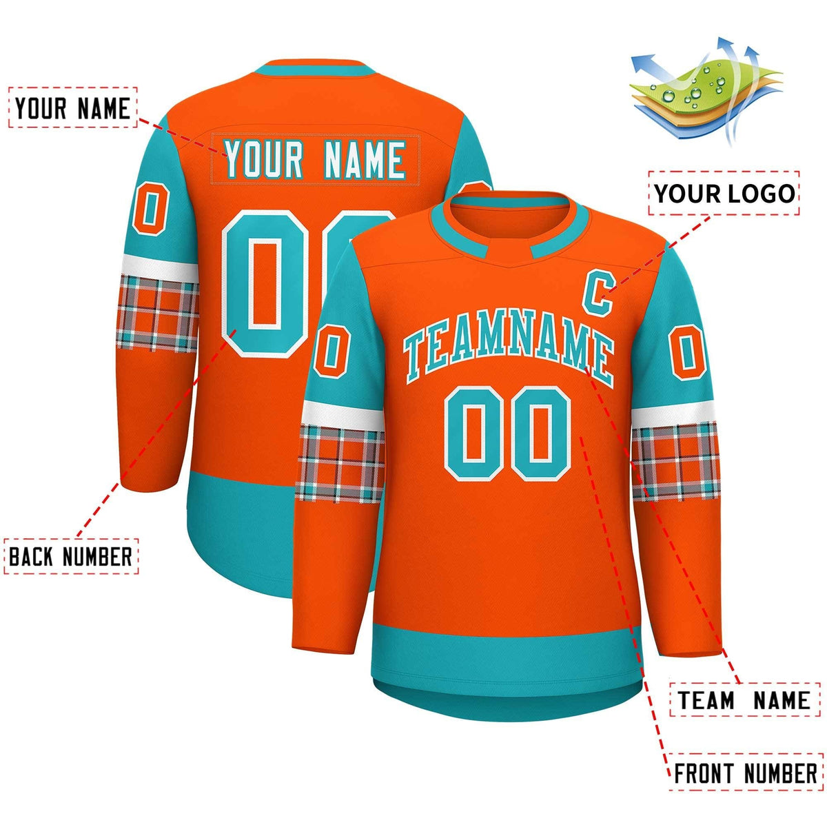 Custom Orange Aqua Personalized Raglan Sleeves Round-Neck Hockey Jersey | KXKSHOP