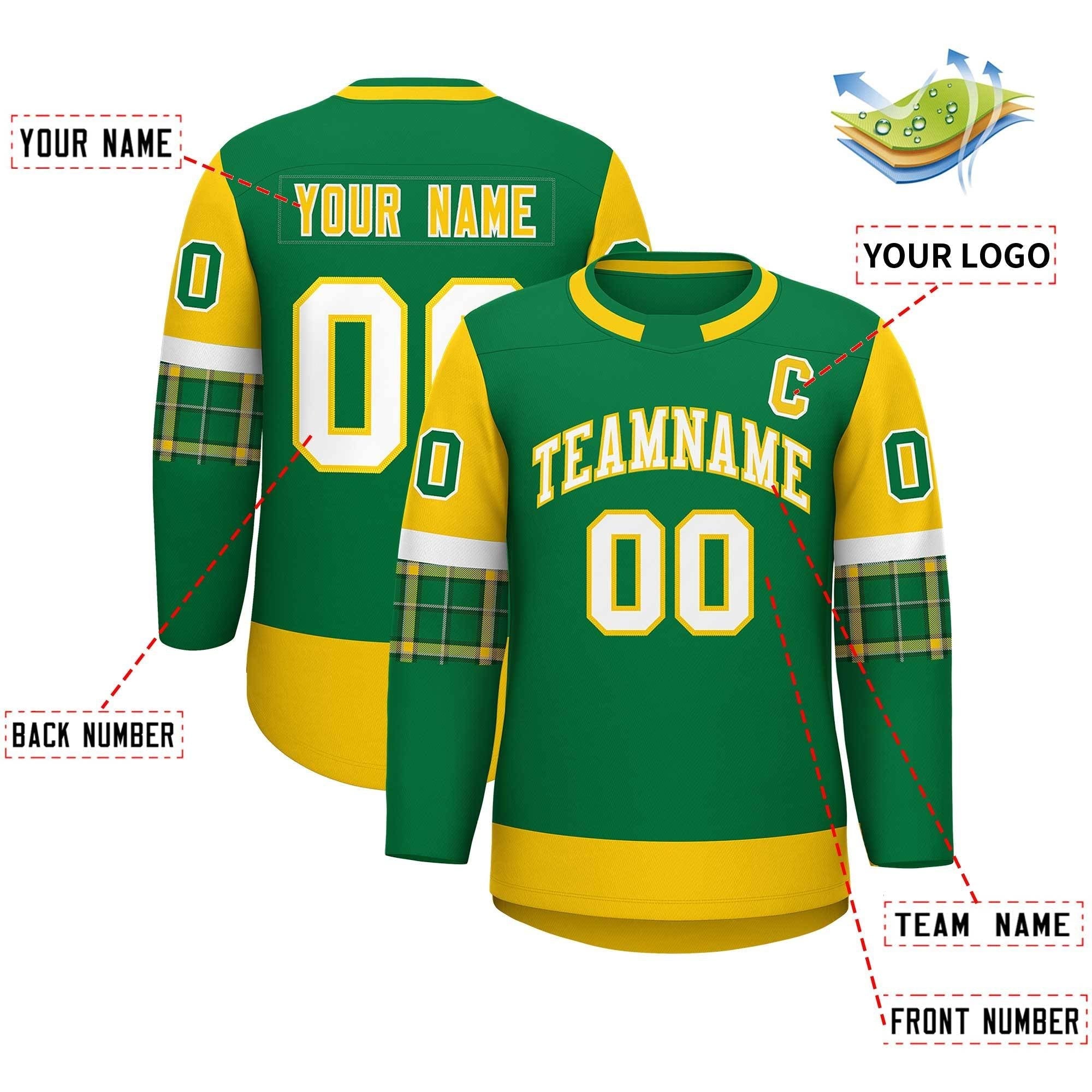 Custom Kelly Green Gold Personalized Raglan Sleeves Round-Neck Hockey Jersey | KXKSHOP