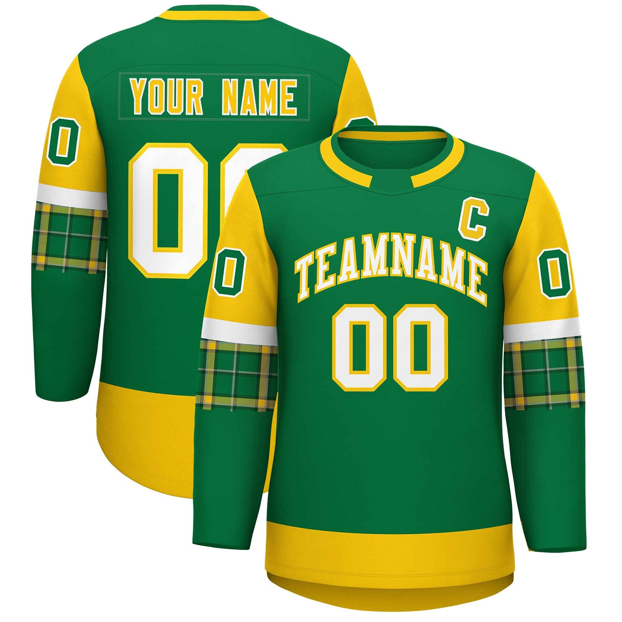 Custom Kelly Green Gold Personalized Raglan Sleeves Round-Neck Hockey Jersey | KXKSHOP